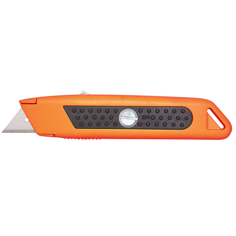 Orange utility knife with retractable blade and textured black grip on the handle