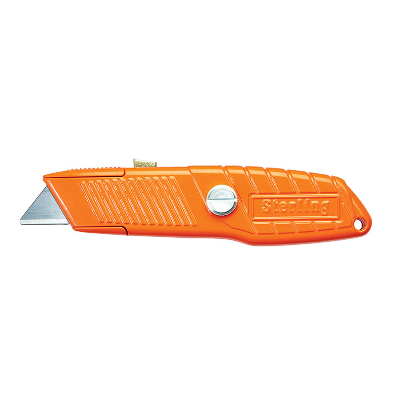 Orange retractable utility knife with a sharp silver blade, labeled Stanley on the handle, shown in a side view.