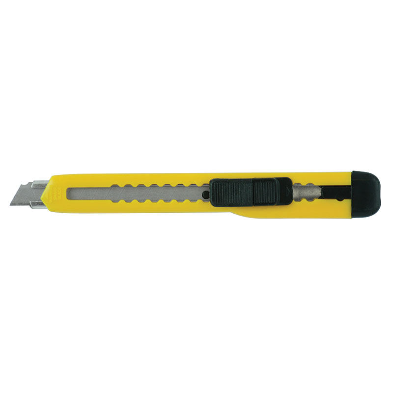 Yellow retractable utility knife with a black grip slider and exposed blade tip ready for cutting edges.