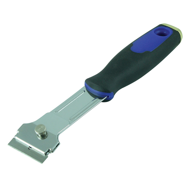 Blue-and-black handle box cutter with a retractable metal blade for cutting cardboard and packaging