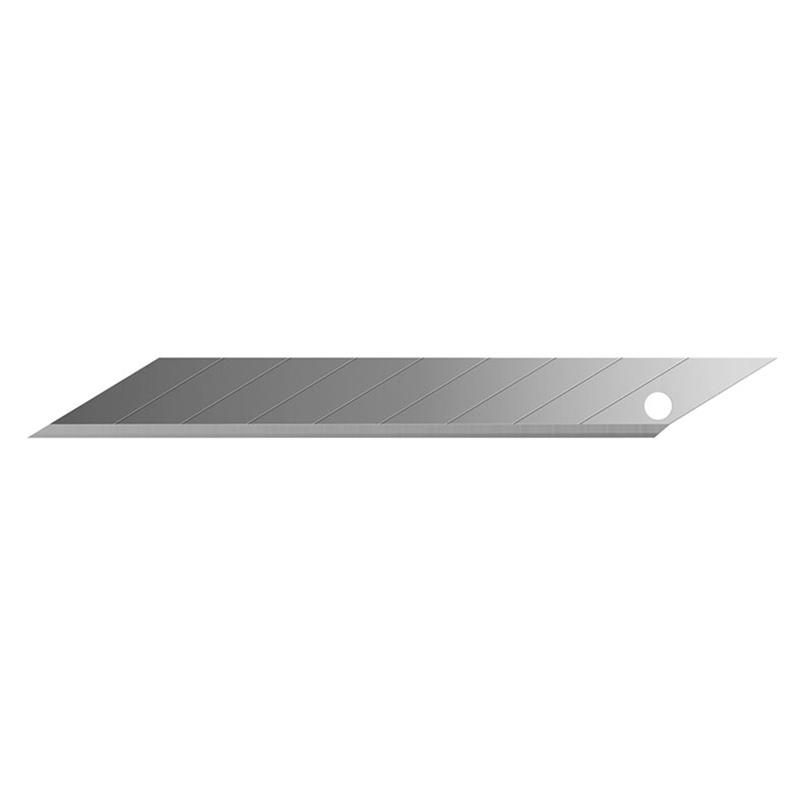 Long, flat silver metal blade with diagonal grooves and a round hole near the right end, viewed from above.