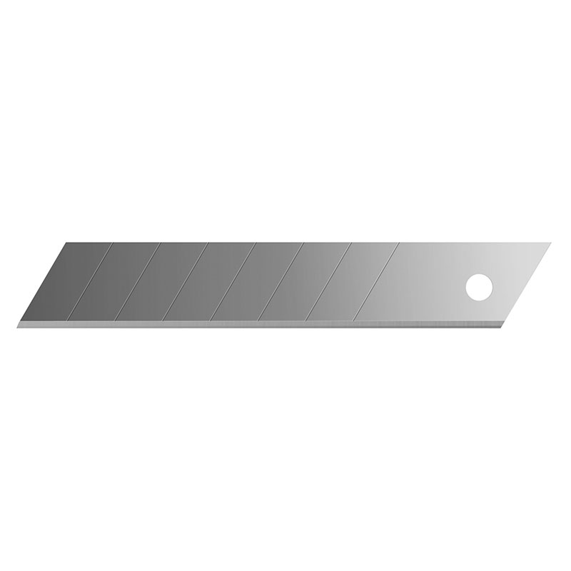 Silver segmented utility knife blade with diagonal grooves and a circular hole near one end, set against a white background.
