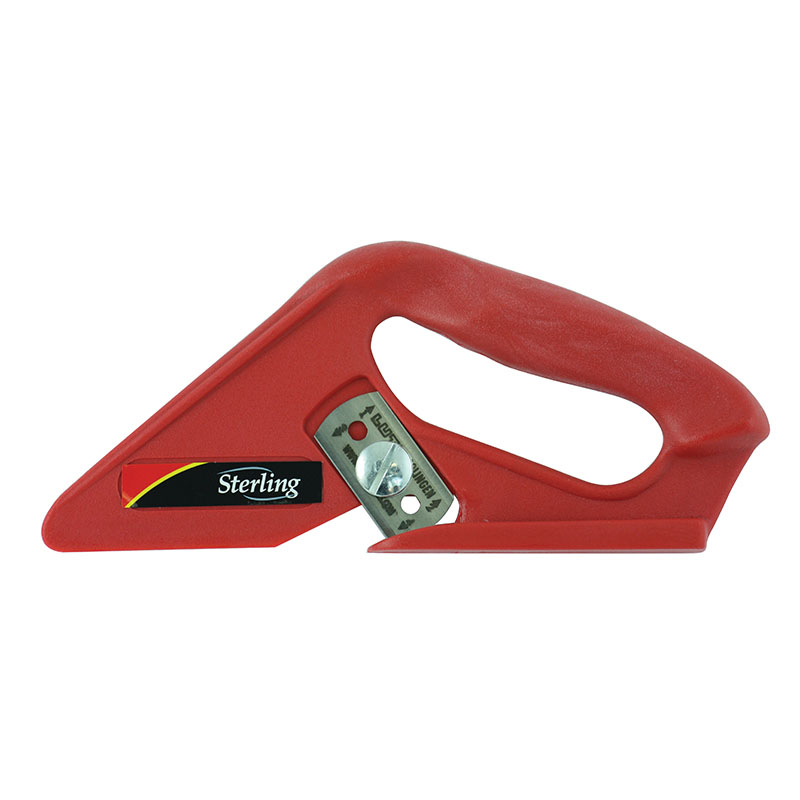Red plastic utility knife (box cutter) with a partially extended metal blade and Sterling branding on the body.