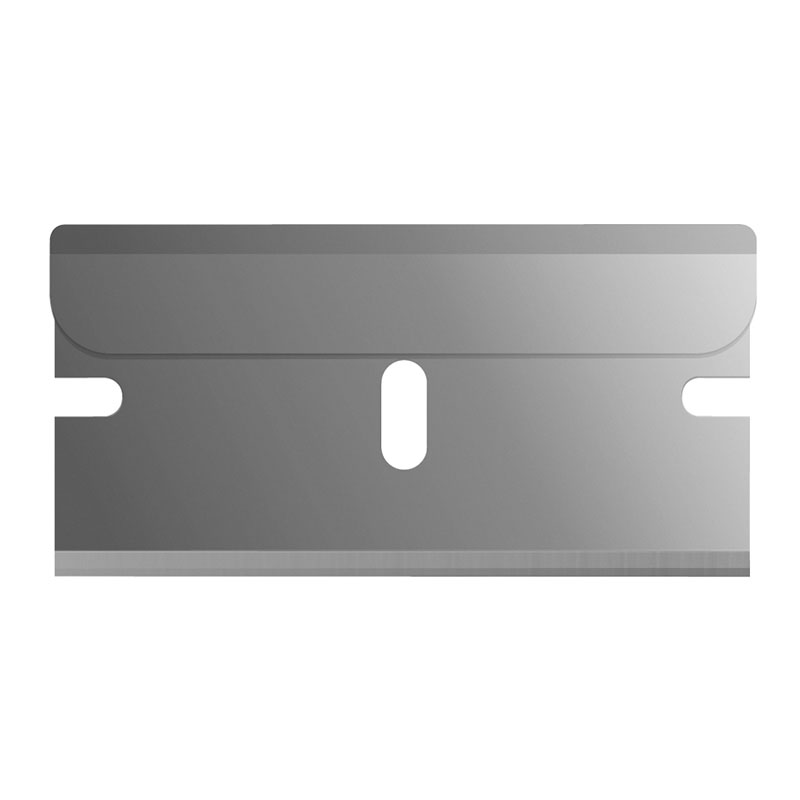 Metallic razor blade cartridge with a central oval opening, shown from the front (close-up).