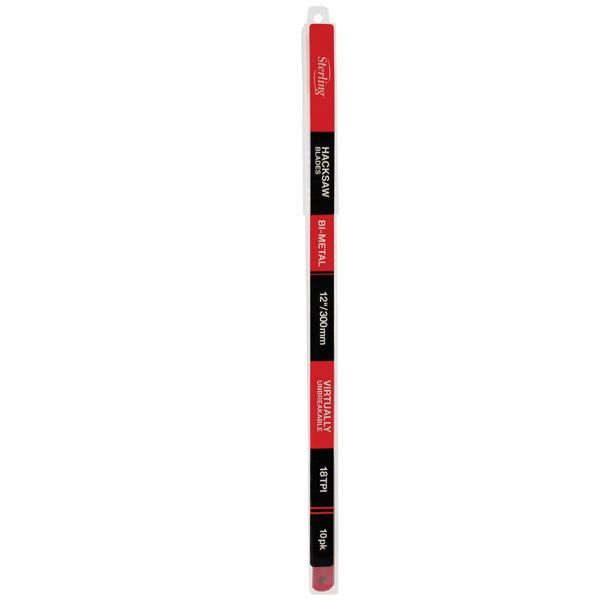 Vertical red-and-black packaging strip listing hacksaw blades for metal, 12"/300 mm, with brand labels.