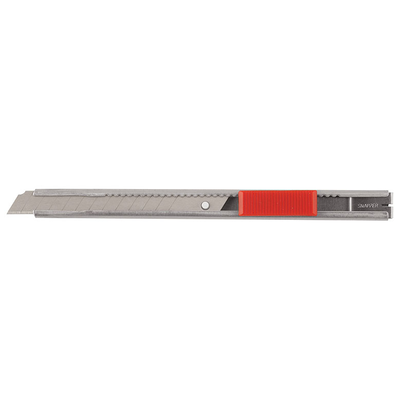 Retractable utility knife with a red sliding lock on a metal handle.