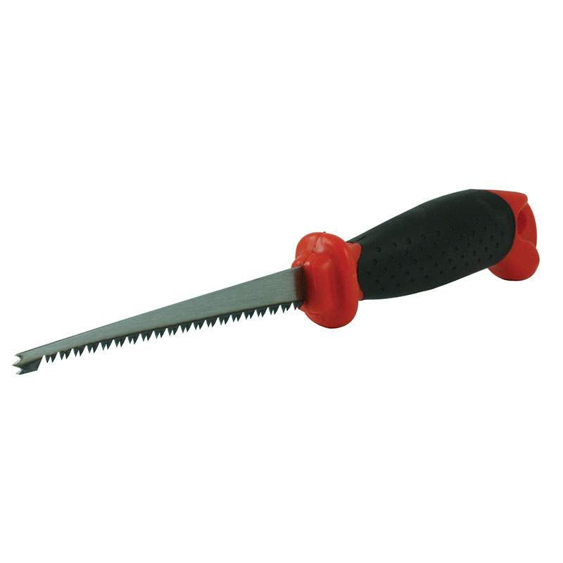 Small hand saw with a red-and-black handle and a jagged metal blade used for cutting wood or plastic into thin to medium pieces.