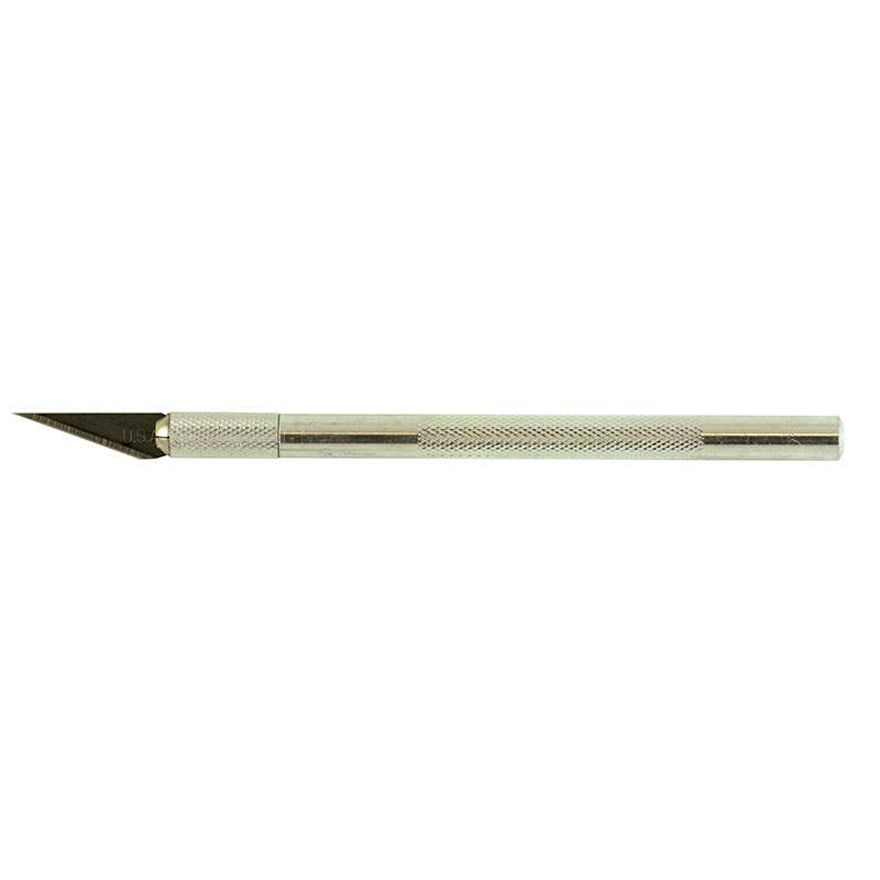 Silver craft knife with a knurled handle and an angled, exposed blade on the left side.