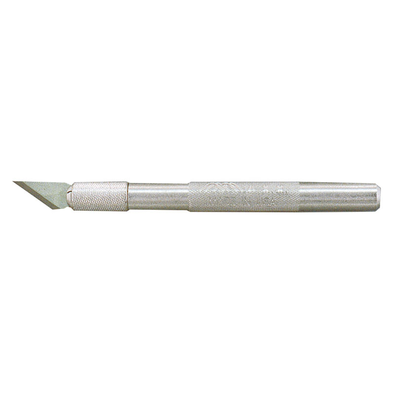 Silver precision hobby knife with a short angled blade protruding from the left side.