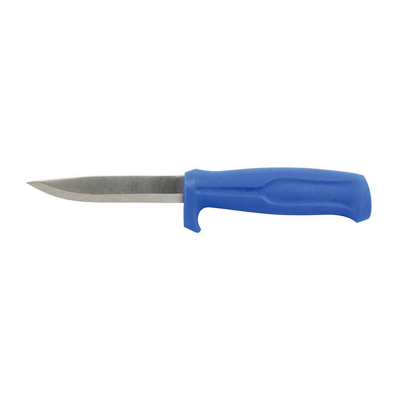 Blue plastic-handled utility knife with a straight metal blade extending from the grip.