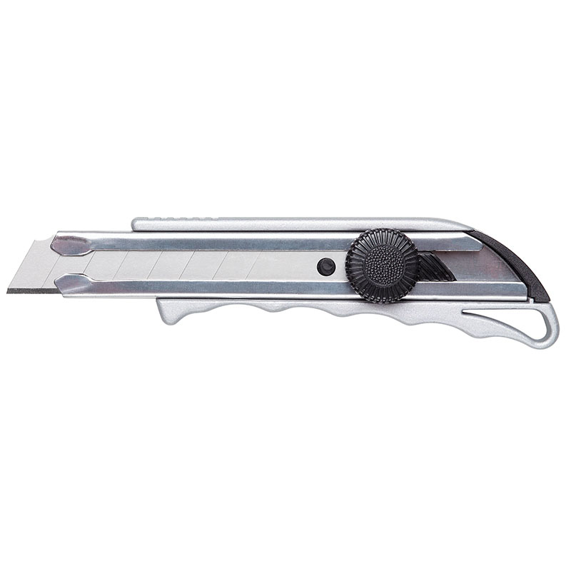 Retractable silver box cutter with a textured black adjustment wheel and extended blade edge.
