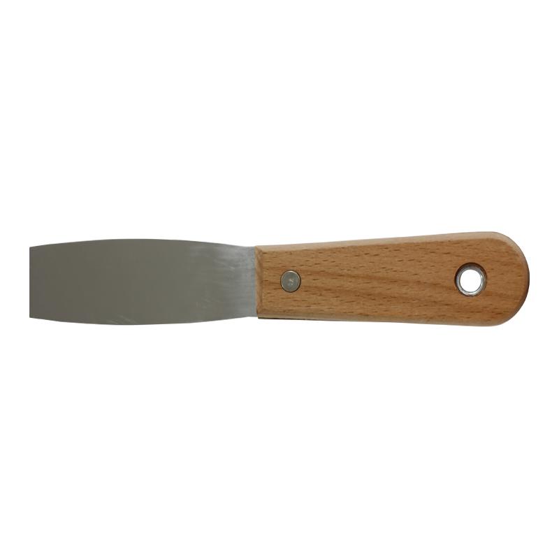 Putty knife with a wooden handle and wide flat metal blade used for scraping or applying filler