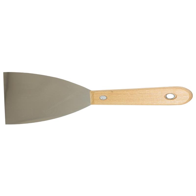 Flat metal putty knife with a light wooden handle used for scraping or spreading filler