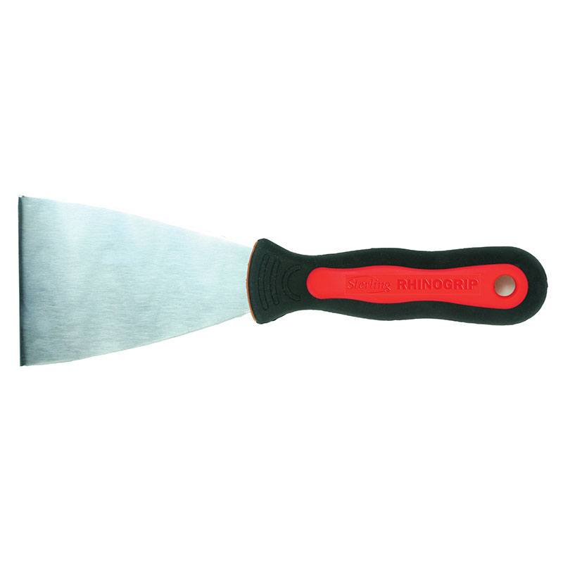 Wide metal putty knife with a red and black ergonomic handle.