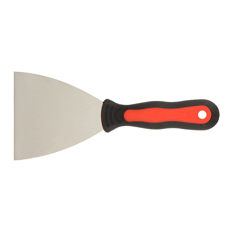 Flat metal spatula with a red-and-black ergonomic handle, designed for scraping and mixing ingredients.