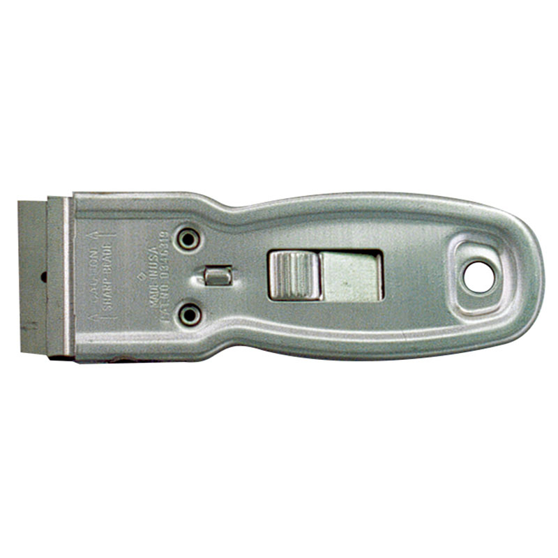 Metal handheld latch/lever device with a sliding bolt in the center and a circular mounting hole at the end; likely a securing or locking mechanism.