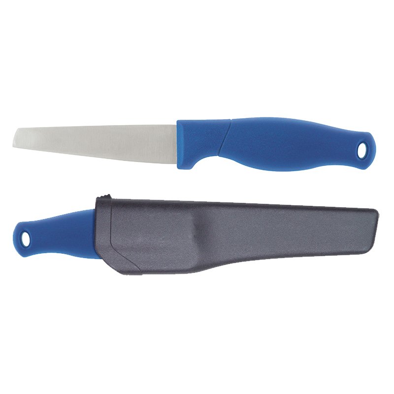 Blue-handled fixed-blade knife with a matching blue sheath laid parallel to the blade