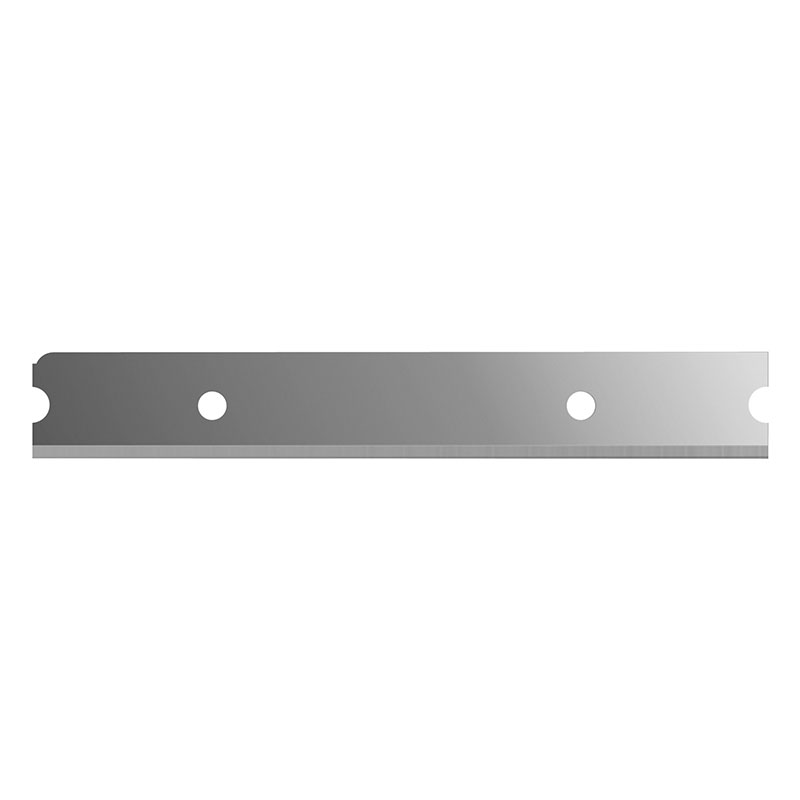 Metal utility blade strip with holes and a sharp edge along the bottom, used as a replaceable razor blade