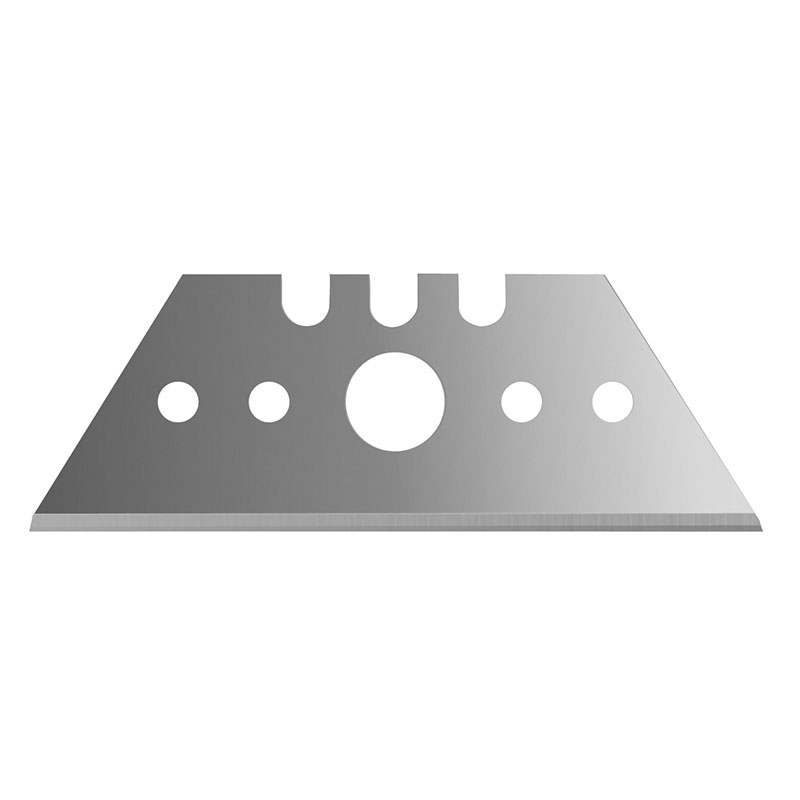 Metal razor blade with a large central hole, two small holes on each side, and three notches along the top edge, set against a white background.