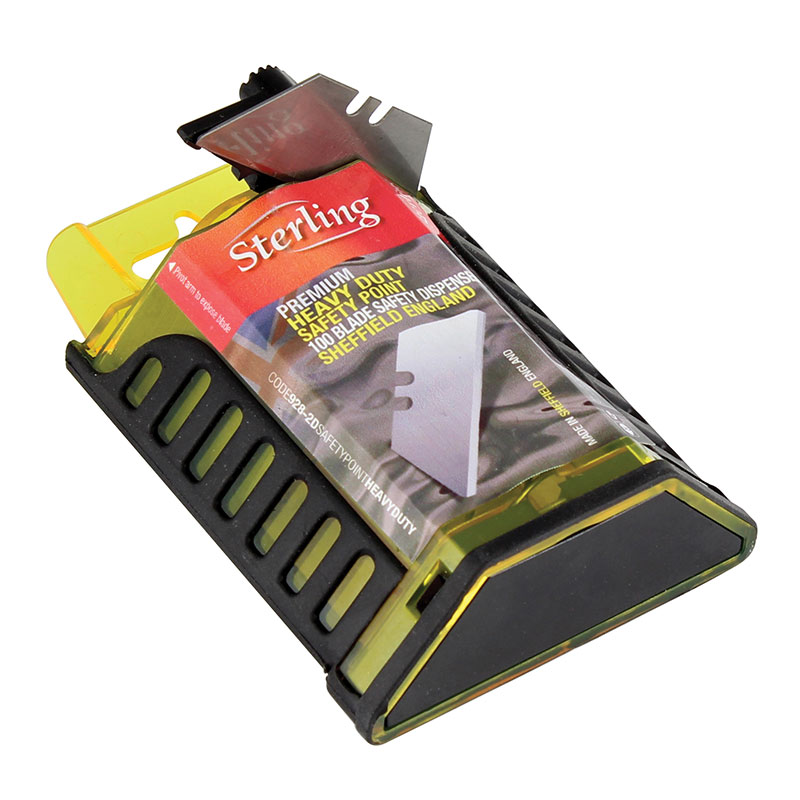 Yellow and black utility knife with a retractable metal blade and Sterling branding, mounted in a yellow translucent housing.