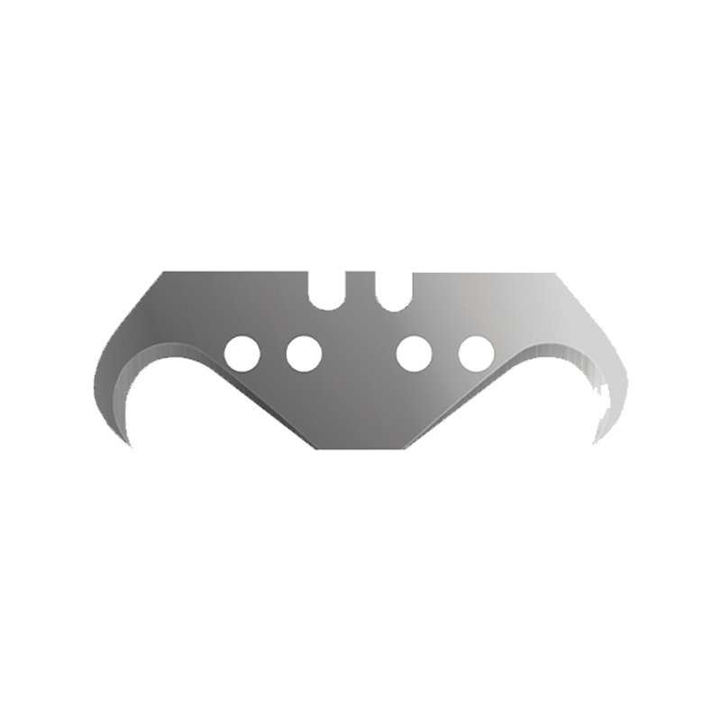 Stylized metallic razor blade with four circular holes and curved ends.