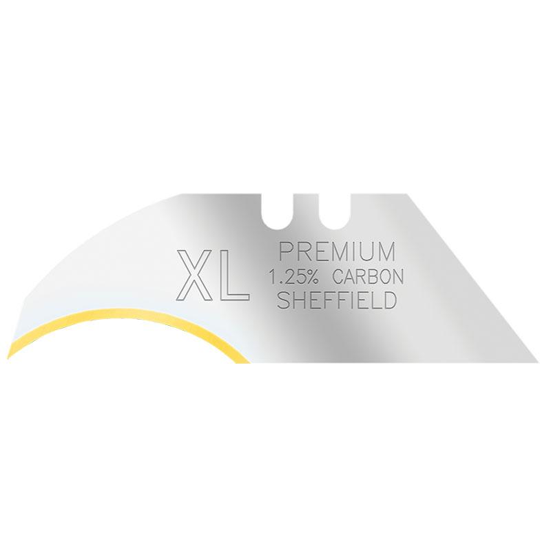 Silver tool blade with 'XL Premium 1.25% Carbon Sheffield' inscribed and a yellow curved accent on the left