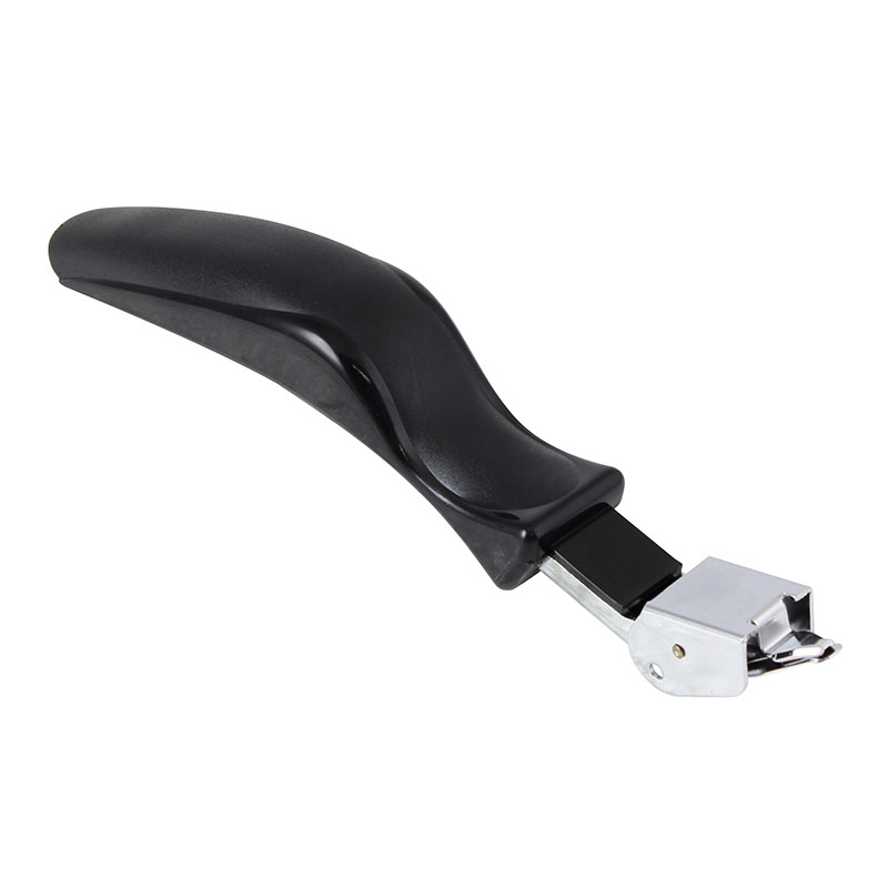 Ergonomic black handheld lever tool with a metal clamp at the tip, shown in close-up.