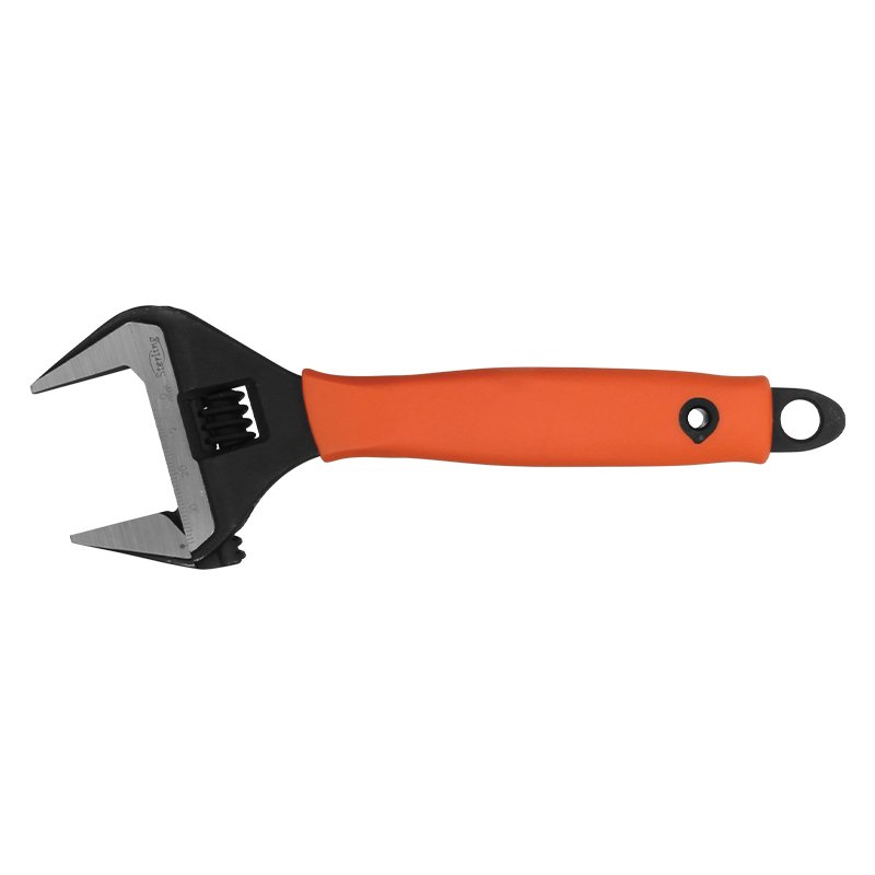 Orange-handled adjustable wrench in full view, showing the adjustable jaw and knurled screw.