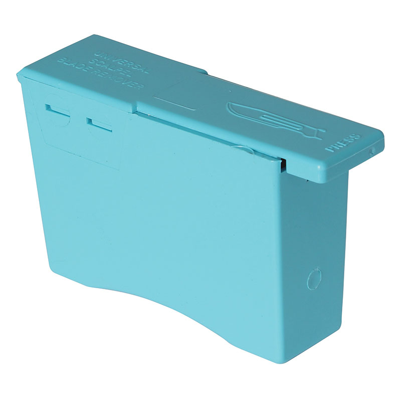 Blue plastic hinged storage case with a flip-top lid and a curved front edge.