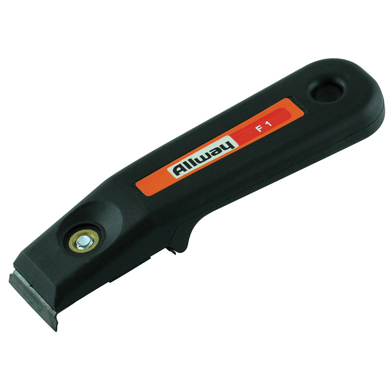 Retractable box cutter with black handle and orange label for cutting cardboard and packaging
