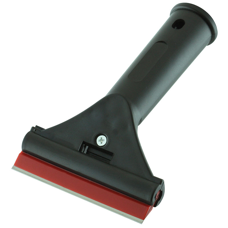 Black handheld window scraper with a red blade edge and metal blade at the bottom
