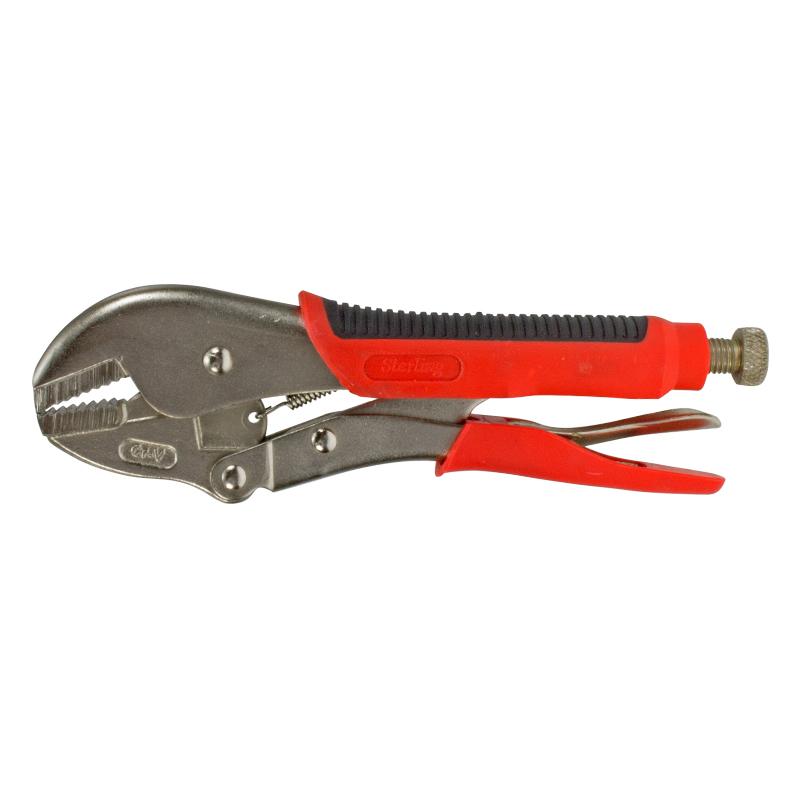 Locking pliers (vise-grip) with red and black ergonomic handles on a white background, jaws closed.