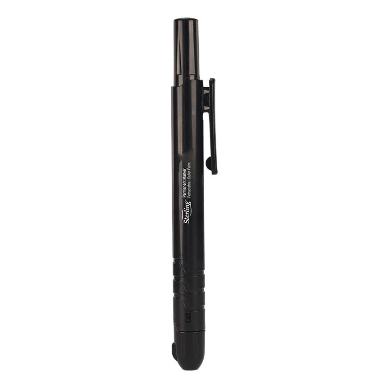 Black permanent marker standing upright with a clip-on cap and grip at the bottom.