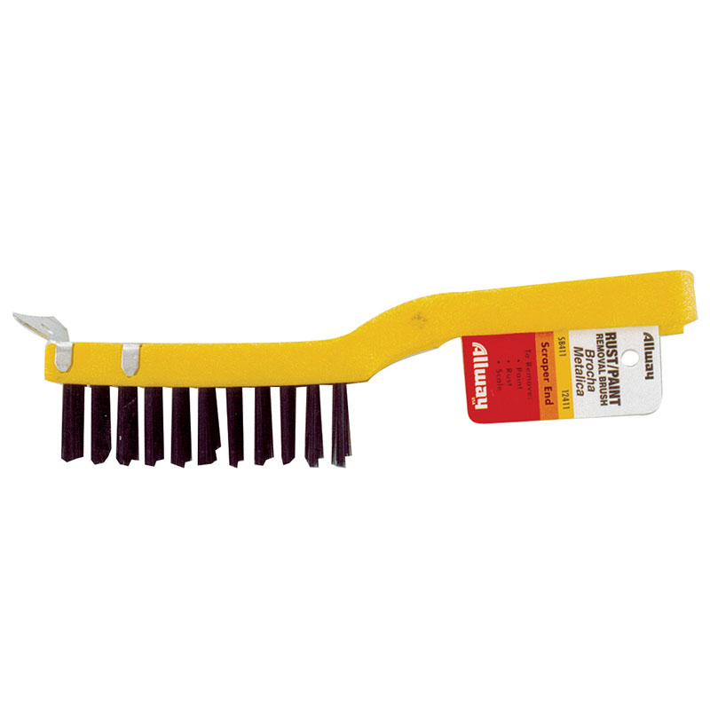 Yellow-handled scrub brush with dense black bristles for cleaning surfaces