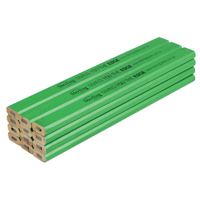 Stack of green pencils with eraser ends aligned, text along the sides reads 'Sterling GIVING YOU THE EDGE'.