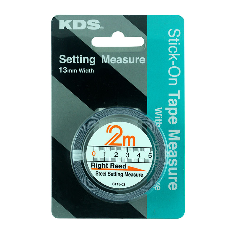 KDS stick-on tape measure in teal packaging displaying a 2 m scale and 13 mm width, with 'Setting Measure' on the card.