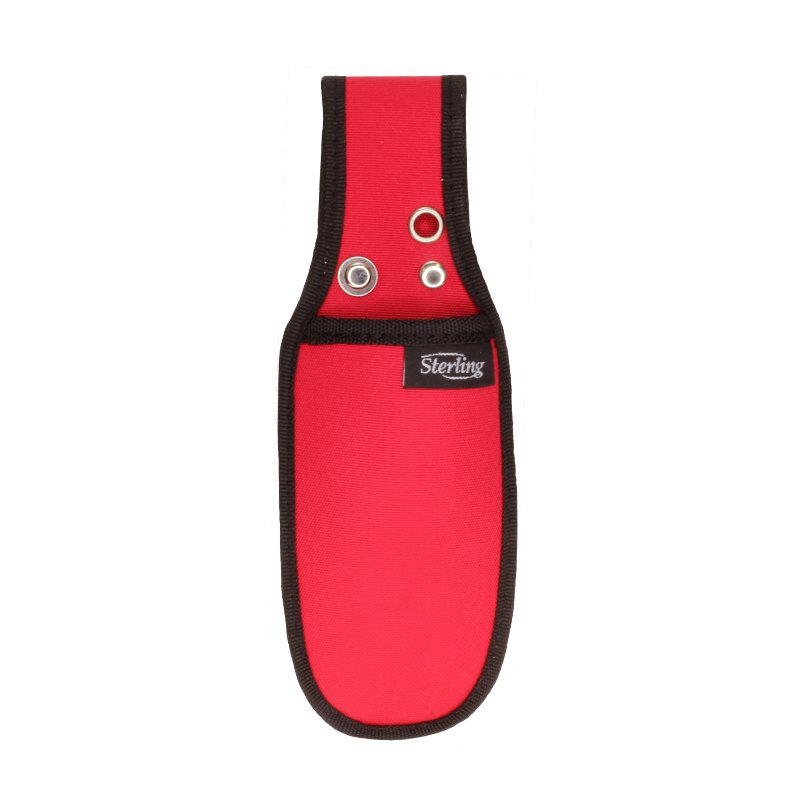 Red nylon knife/tool sheath with black trim and Sterling label, featuring metal eyelets on the top flap.