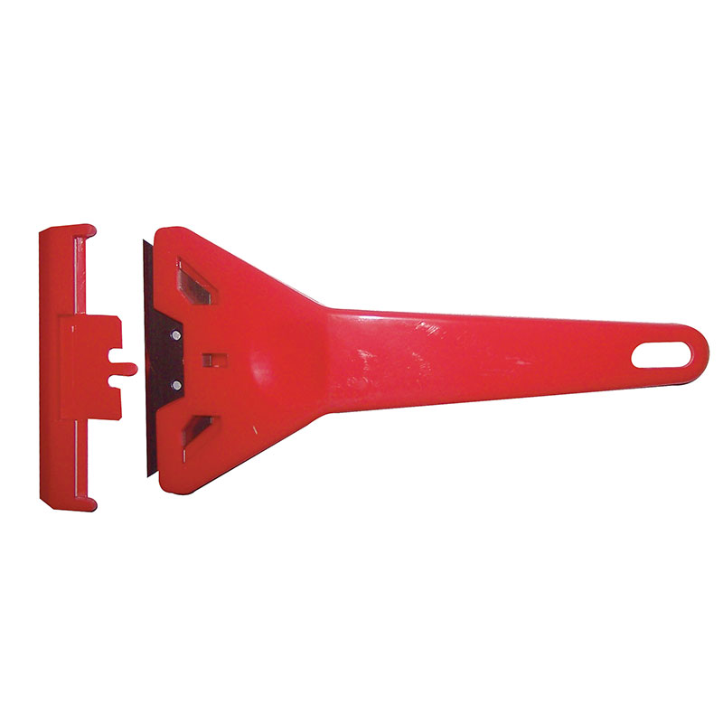 Long red-handled scraper with a metal blade at the end and a detachable red wall-mount bracket beside it